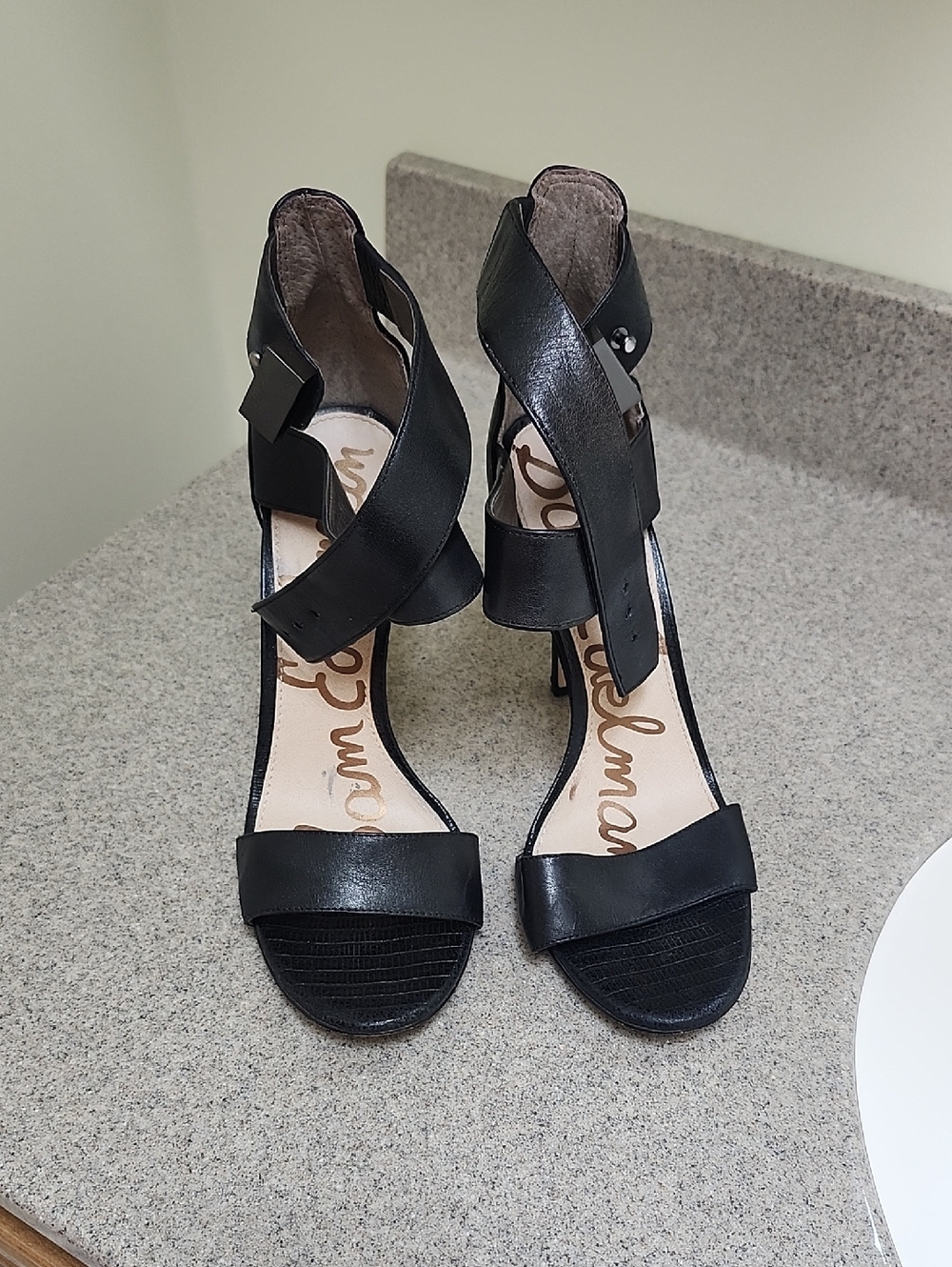 Sam Edelman Black Leather Crisscross Ankle Strap Heels
